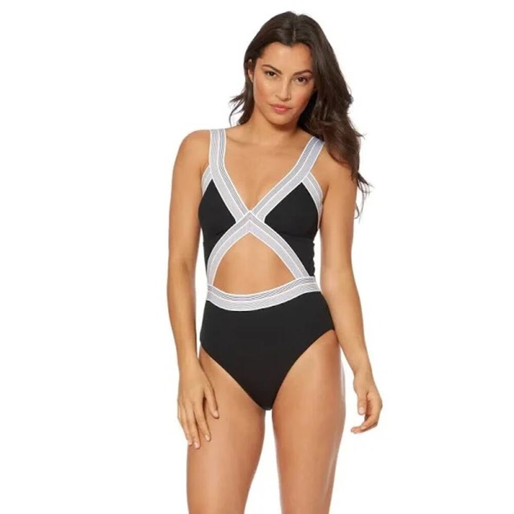 Dolce Vita Fast Lane Blair Cutout One-Piece Swimsuit Black/White/Blue XL NWT